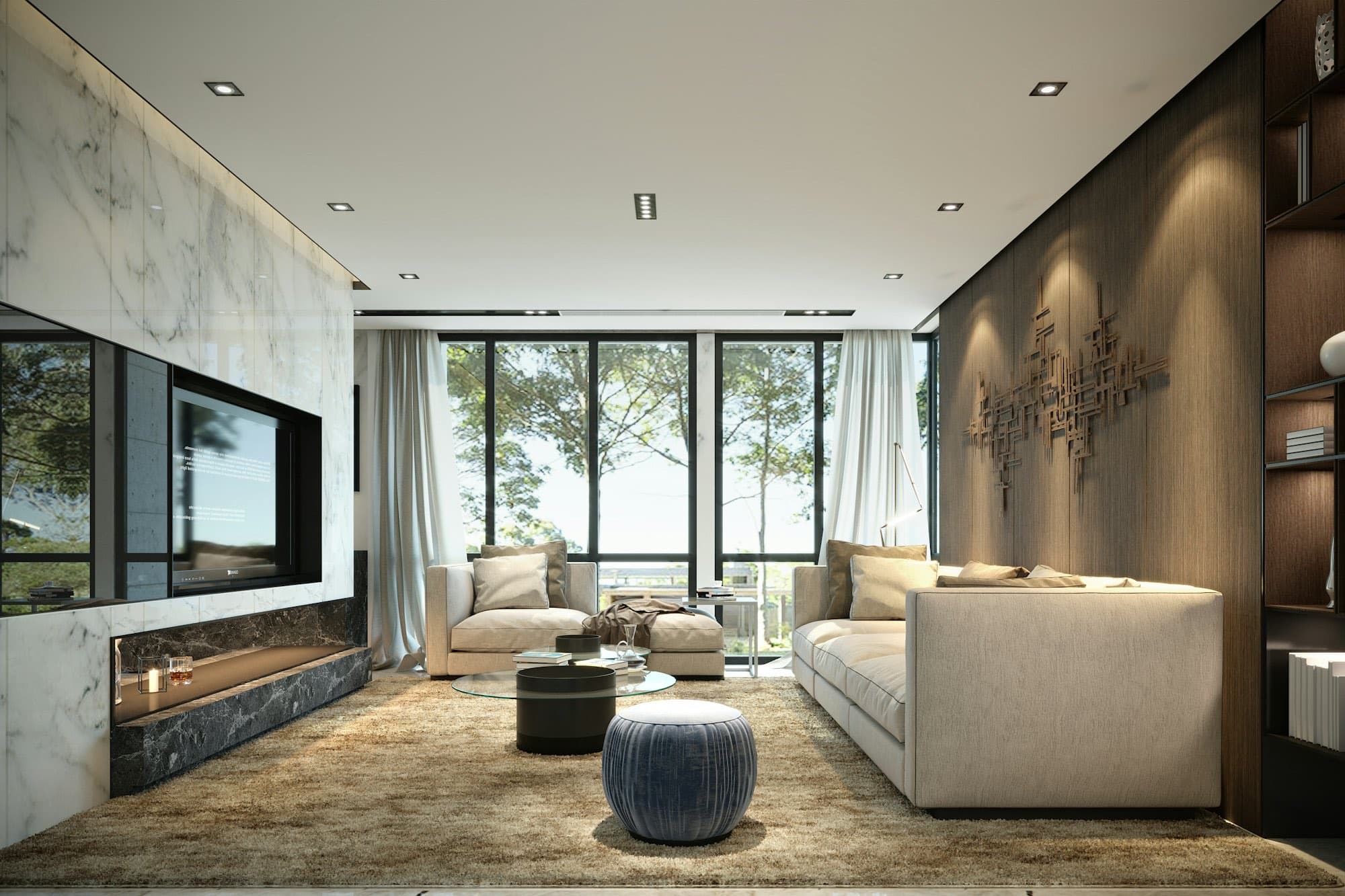 A dark, warm living room with a long fireplace and floor-to-ceiling glass